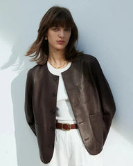 Dark brown collarless jacket with patch pockets