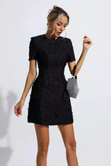 Black textured short sleeve mini dress