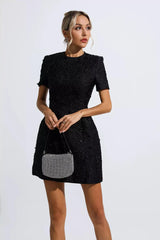 Black textured short sleeve mini dress