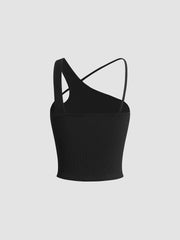 Black asymmetrical ribbed top with double straps