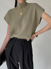 Short-sleeved knitted top with high neck