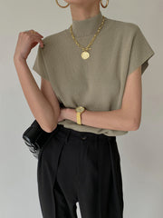 Short-sleeved knitted top with high neck