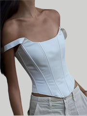 White off-the-shoulder corset with accentuated seams