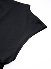 Black sleeveless crop top with high neck and pleated waist