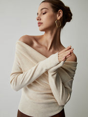 Off-the-shoulder draped top with long sleeves