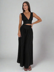 Deep V-neck top and long skirt set