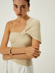 Asymmetrical ribbed top with button detail