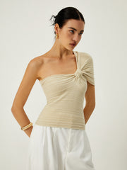 Asymmetrical ribbed top with button detail