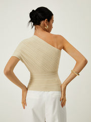Asymmetrical ribbed top with button detail