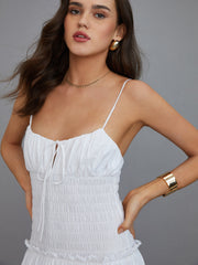 White pleated midi dress with thin straps