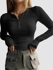 Ribbed long sleeve henley top