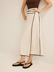 Cream flared midi skirt with contrasting trim