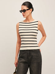 Sleeveless black and white striped knit top