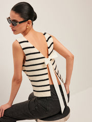 Sleeveless black and white striped knit top