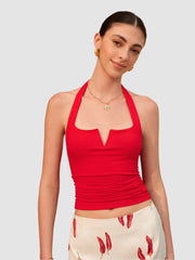 Red V-neck backless top with pleated waist