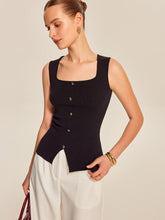 Black ribbed sleeveless top with buttons