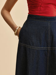 Long dark blue denim skirt