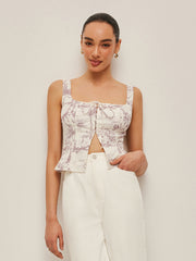 Patterned top with bow and square neckline
