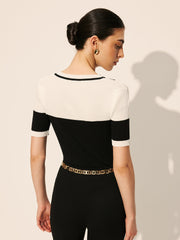 Black and white top with graphic pattern