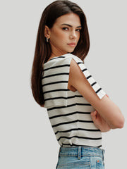 Sleeveless striped boat neck knit top
