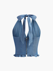 Blue denim ruffled backless top
