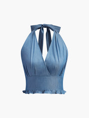 Blue denim ruffled backless top