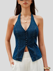 Buttoned backless top with a fitted cut