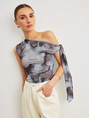 One-shoulder asymmetrical top with pattern and knots