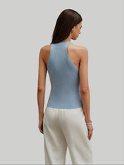 Blue ribbed sleeveless shirt with buttons