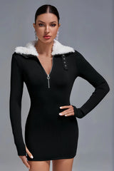 Black ribbed mini dress with white faux fur and zipper