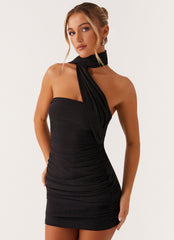 Black mini dress with asymmetrical shawl detail