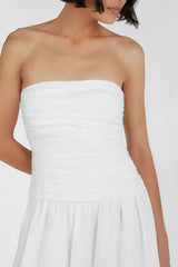White strapless midi dress with draped bodice