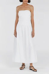 White strapless midi dress with draped bodice