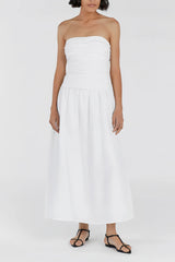 White strapless midi dress with draped bodice