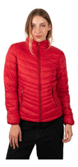 Red lightweight puffer jacket with stand-up collar