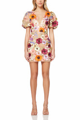Floral print mini dress with puff sleeves and plunging neckline