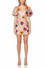 Floral print mini dress with puff sleeves and plunging neckline