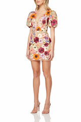 Floral print mini dress with puff sleeves and plunging neckline