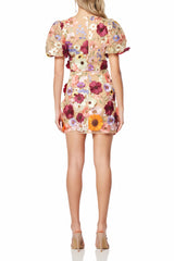 Floral print mini dress with puff sleeves and plunging neckline