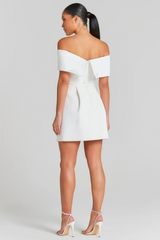 White off-the-shoulder mini dress with belt