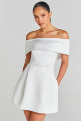 White off-the-shoulder mini dress with belt