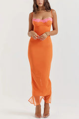 Orange mesh dress with pink lace trim