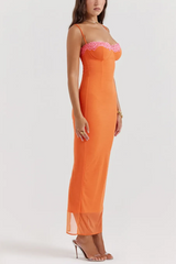 Orange mesh dress with pink lace trim
