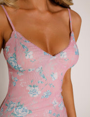 Blommig rosa spetsklänning