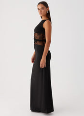 Long black dress with lace inserts