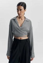 Black and white striped wrap top with collar