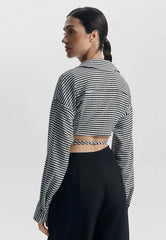 Black and white striped wrap top with collar