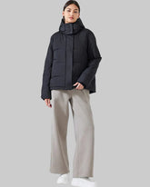 Short puffer jacket with hood and high collar