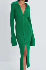 Green ribbed shirt dress with slit