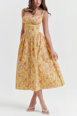 Yellow floral midi dress with fitted waist
